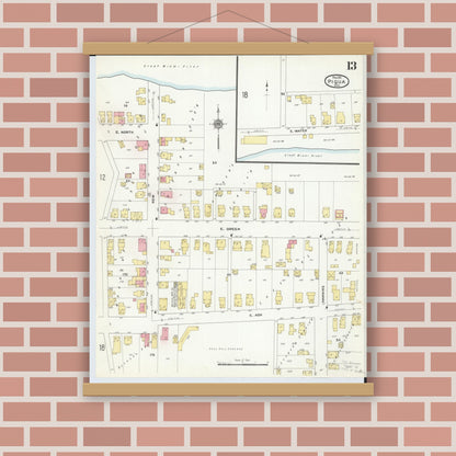 Old map wall art mockup — magnetic wood frame on brick wall — Sanborn Fire Insurance Map from Piqua, Miami County, Ohio (1911), Sheet #0013