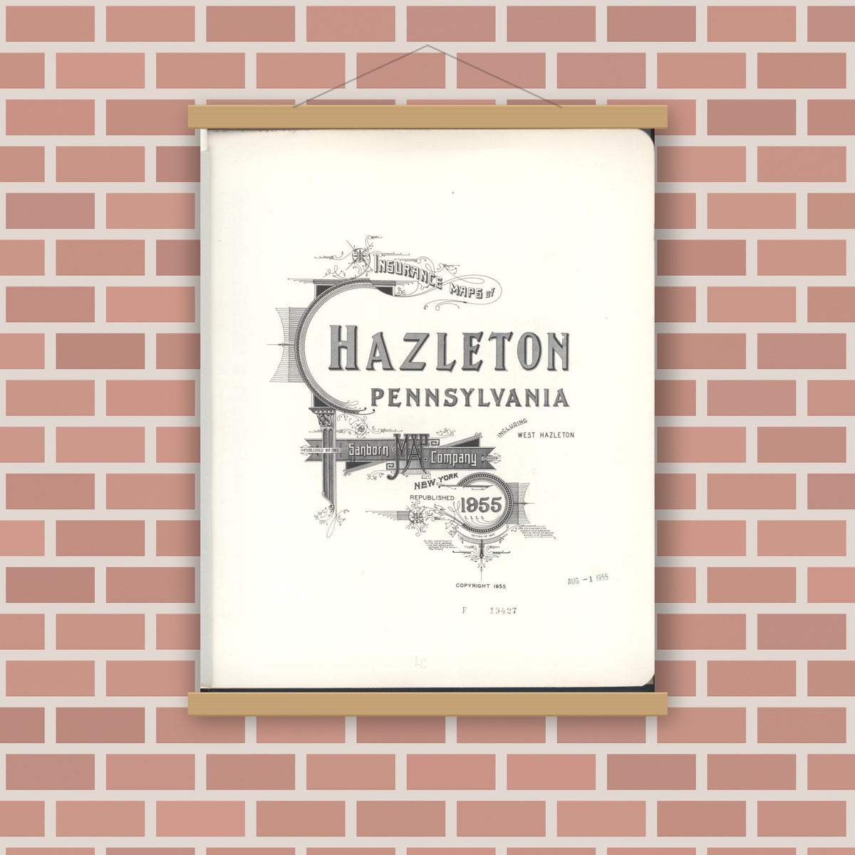Old map wall art mockup — magnetic wood frame on brick wall — Sanborn Fire Insurance Map from Hazleton, Luzerne County, Pennsylvania (1955), Sheet #0001