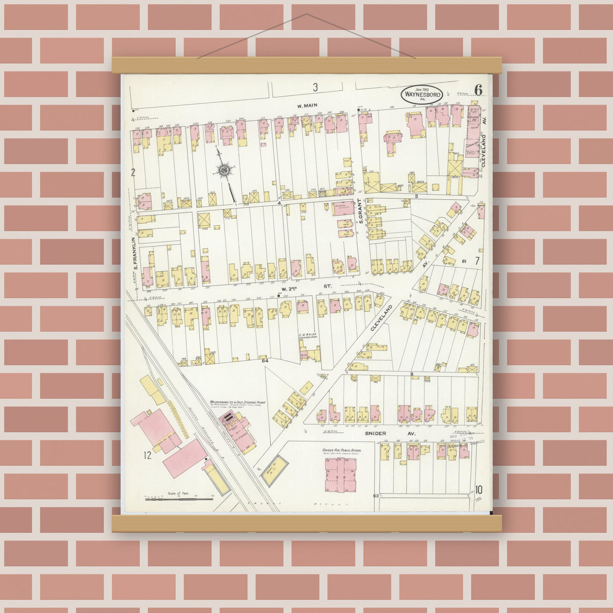 Old map wall art mockup — magnetic wood frame on brick wall — Sanborn Fire Insurance Map from Waynesboro, Franklin County, Pennsylvania (1910), Sheet #0006