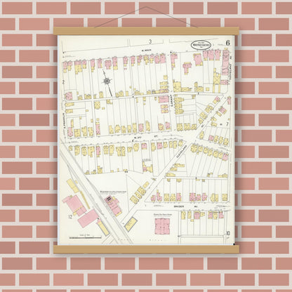 Old map wall art mockup — magnetic wood frame on brick wall — Sanborn Fire Insurance Map from Waynesboro, Franklin County, Pennsylvania (1910), Sheet #0006