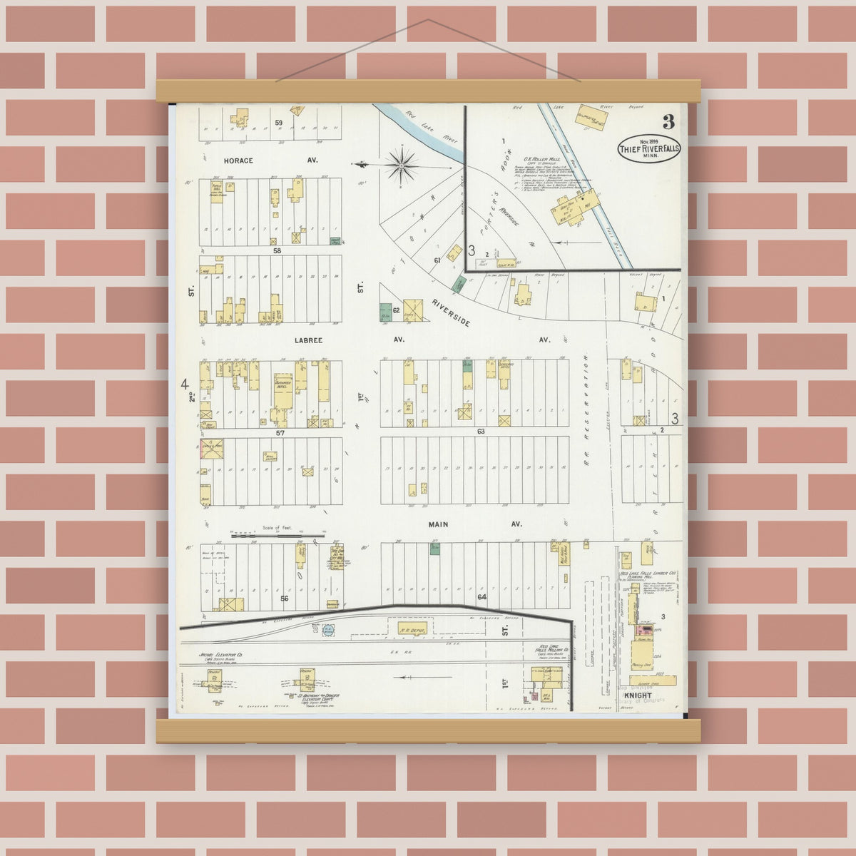 Old map wall art mockup — magnetic wood frame on brick wall — Sanborn Fire Insurance Map from Thief River Falls, Pennington County, Minnesota (1899), Sheet #0003