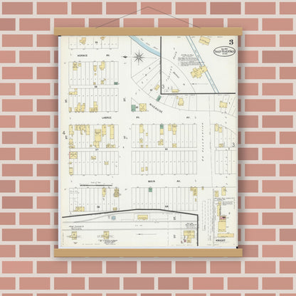 Old map wall art mockup — magnetic wood frame on brick wall — Sanborn Fire Insurance Map from Thief River Falls, Pennington County, Minnesota (1899), Sheet #0003