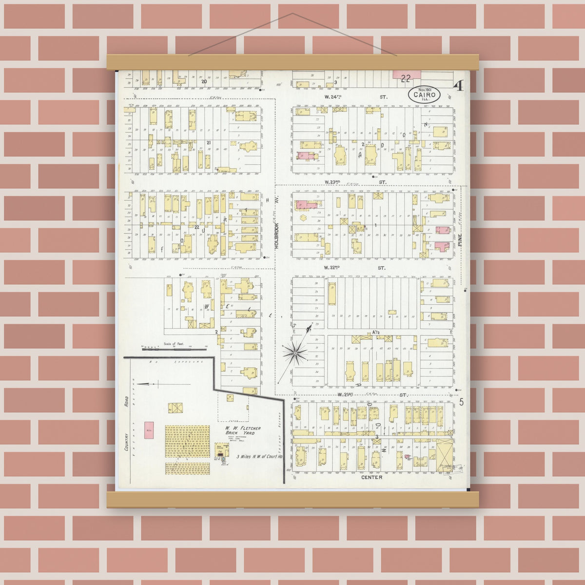 Old map wall art mockup — magnetic wood frame on brick wall — Sanborn Fire Insurance Map from Cairo, Alexander County, Illinois (1901), Sheet #0004