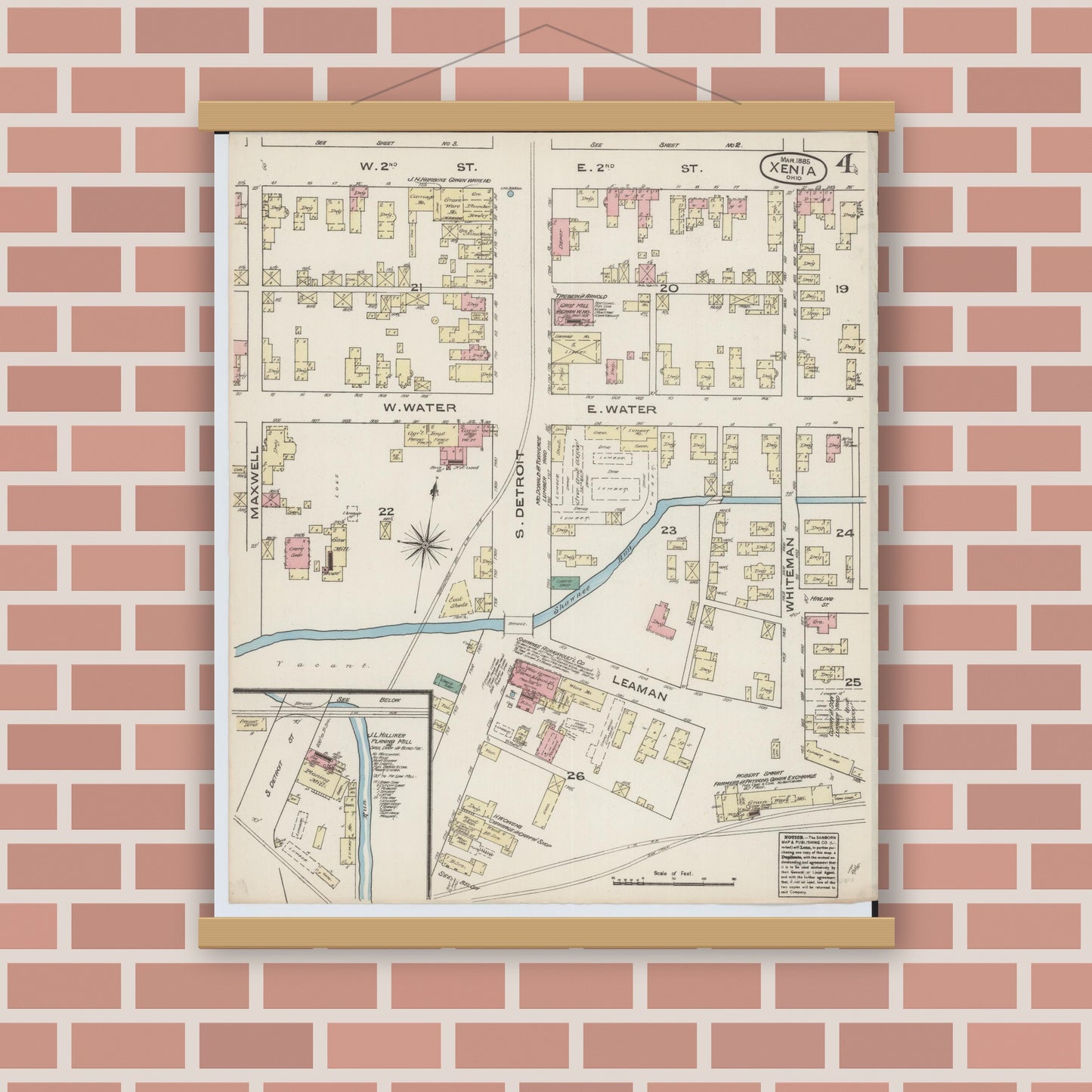 Old map wall art mockup — magnetic wood frame on brick wall — Sanborn Fire Insurance Map from Xenia, Greene County, Ohio (1885), Sheet #0004