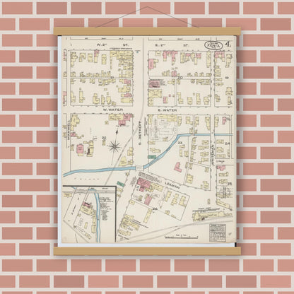 Old map wall art mockup — magnetic wood frame on brick wall — Sanborn Fire Insurance Map from Xenia, Greene County, Ohio (1885), Sheet #0004