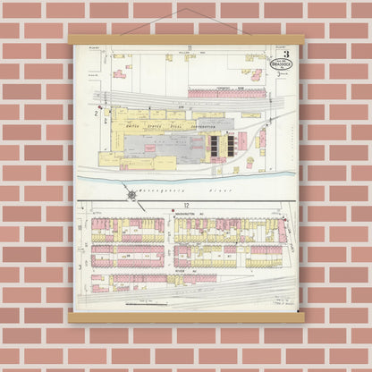 Old map wall art mockup — magnetic wood frame on brick wall — Sanborn Fire Insurance Map from Braddock, Allegheny County, Pennsylvania (1914), Sheet #0003