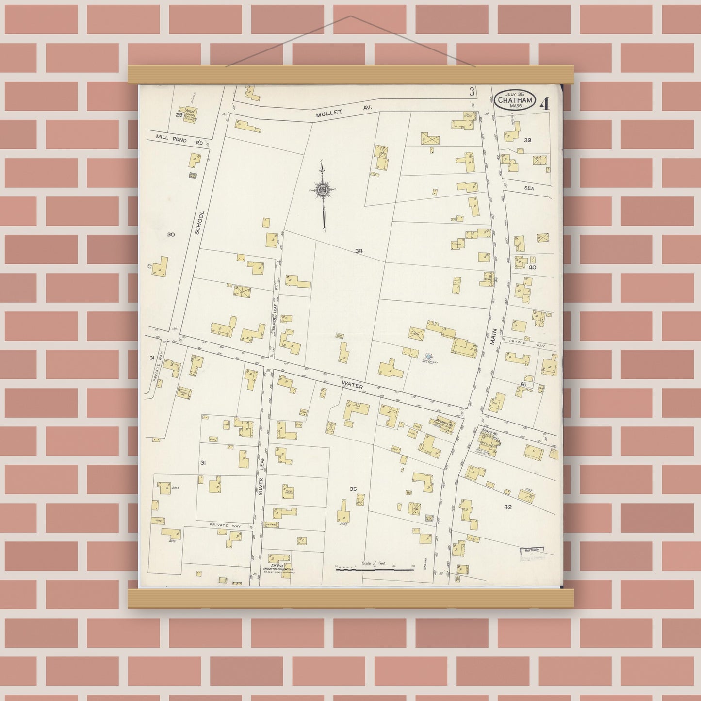 Old map wall art mockup — magnetic wood frame on brick wall — Sanborn Fire Insurance Map from Chatham, Barnstable County, Massachusetts (1915), Sheet #0004