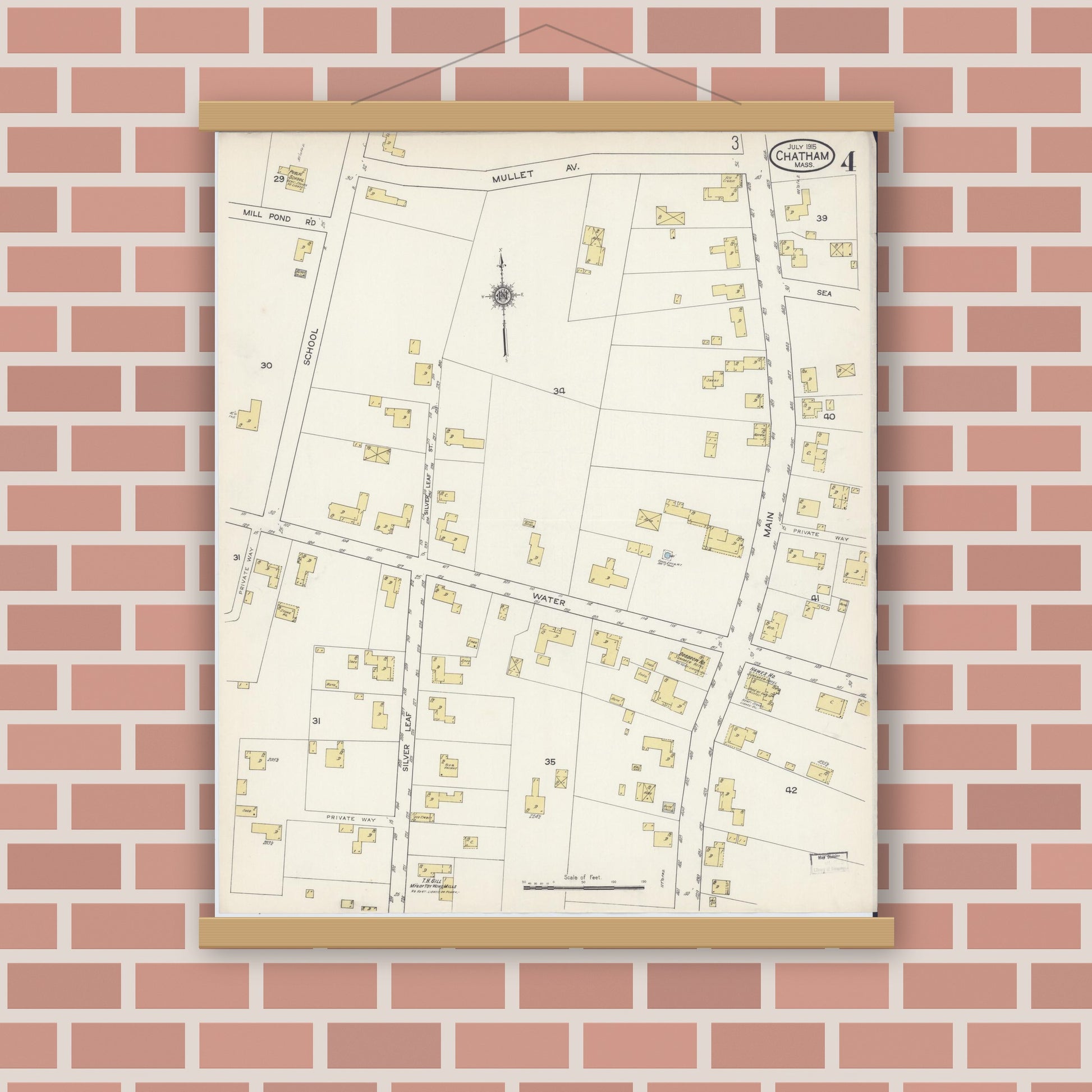 Old map wall art mockup — magnetic wood frame on brick wall — Sanborn Fire Insurance Map from Chatham, Barnstable County, Massachusetts (1915), Sheet #0004