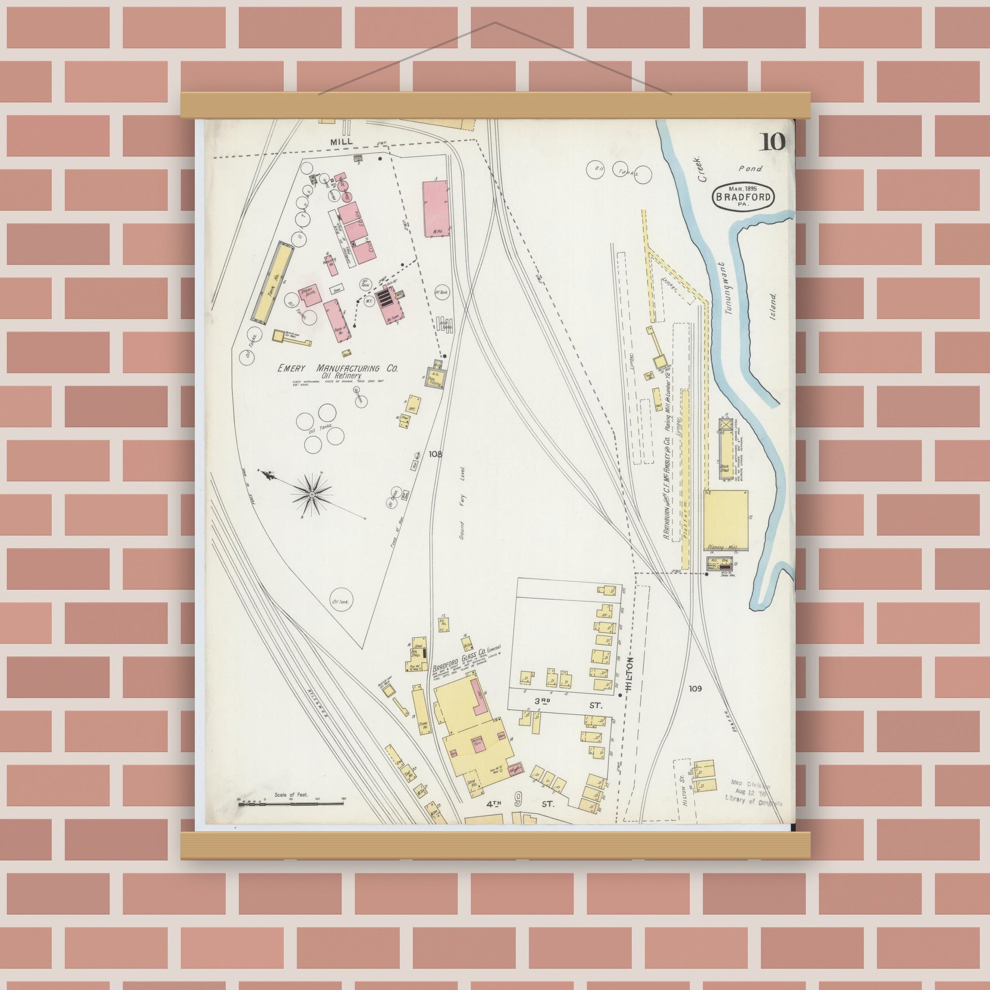 Old map wall art mockup — magnetic wood frame on brick wall — Sanborn Fire Insurance Map from Bradford, McKean County, Pennsylvania (1895), Sheet #0010