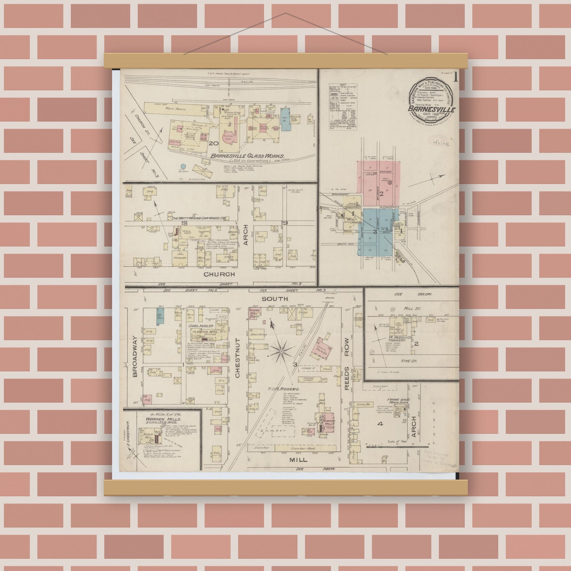 Old map wall art mockup — magnetic wood frame on brick wall — Sanborn Fire Insurance Map from Barnesville, Belmont County, Ohio (1885), Sheet #0001