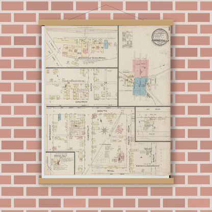 Old map wall art mockup — magnetic wood frame on brick wall — Sanborn Fire Insurance Map from Barnesville, Belmont County, Ohio (1885), Sheet #0001