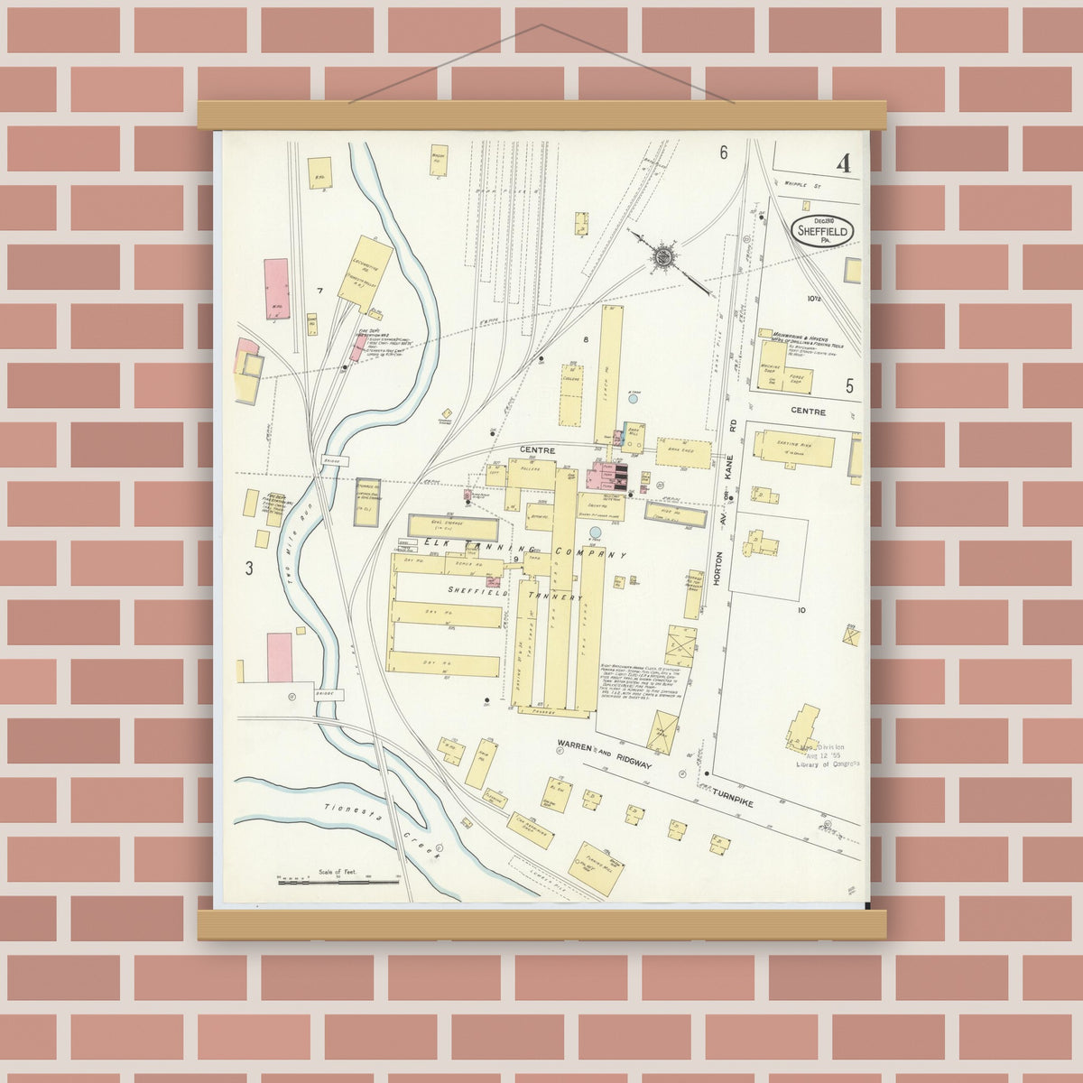 Old map wall art mockup — magnetic wood frame on brick wall — Sanborn Fire Insurance Map from Sheffield, Warren County, Pennsylvania (1910), Sheet #0004
