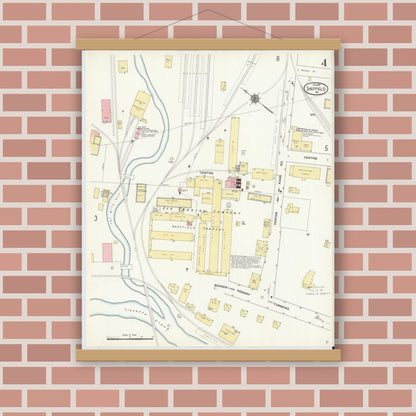Old map wall art mockup — magnetic wood frame on brick wall — Sanborn Fire Insurance Map from Sheffield, Warren County, Pennsylvania (1910), Sheet #0004