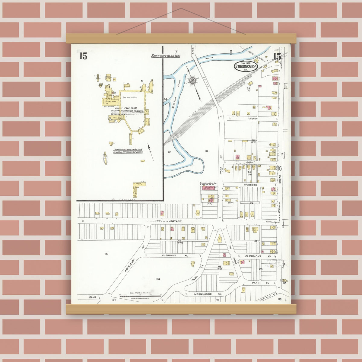 Old map wall art mockup — magnetic wood frame on brick wall — Sanborn Fire Insurance Map from Stroudsburg, Monroe County, Pennsylvania (1923), Sheet #0015