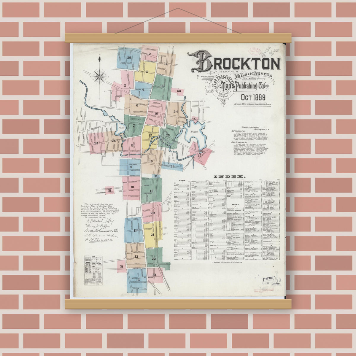 Old map wall art mockup — magnetic wood frame on brick wall — Sanborn Fire Insurance Map from Brockton, Plymouth County, Massachusetts (1889) - Complete Map Set