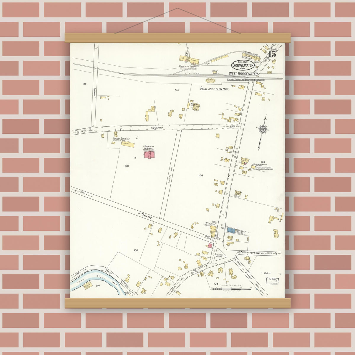 Old map wall art mockup — magnetic wood frame on brick wall — Sanborn Fire Insurance Map from Bridgewater, Plymouth County, Massachusetts (1921), Sheet #0015