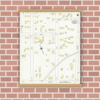 Old map wall art mockup — magnetic wood frame on brick wall — Sanborn Fire Insurance Map from Amherst, Hampshire County, Massachusetts (1910), Sheet #0016