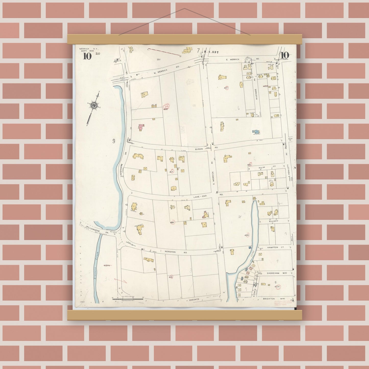 Old map wall art mockup — magnetic wood frame on brick wall — Sanborn Fire Insurance Map from Merrick, Nassau County, New York (1947), Sheet #0010