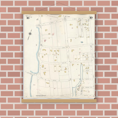 Old map wall art mockup — magnetic wood frame on brick wall — Sanborn Fire Insurance Map from Merrick, Nassau County, New York (1947), Sheet #0010