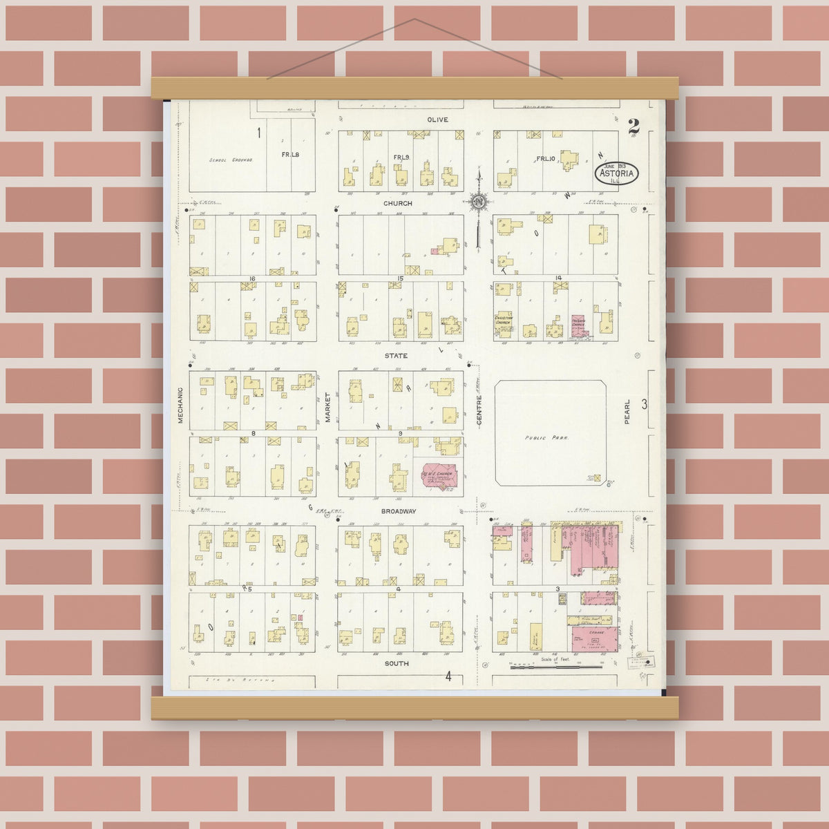 Old map wall art mockup — magnetic wood frame on brick wall — Sanborn Fire Insurance Map from Astoria, Fulton County, Illinois (1913), Sheet #0002