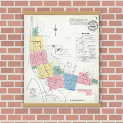 Old map wall art mockup — magnetic wood frame on brick wall — Sanborn Fire Insurance Map from Savanna, Carroll County, Illinois (1912) - Complete Map Set