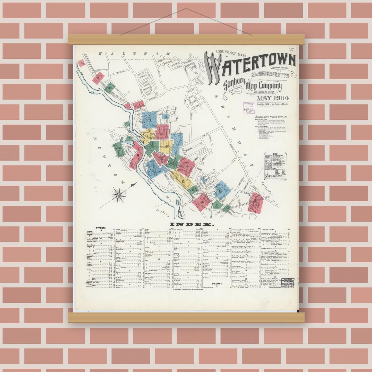 Old map wall art mockup — magnetic wood frame on brick wall — Sanborn Fire Insurance Map from Watertown, Middlesex County, Massachusetts (1904) - Complete Map Set