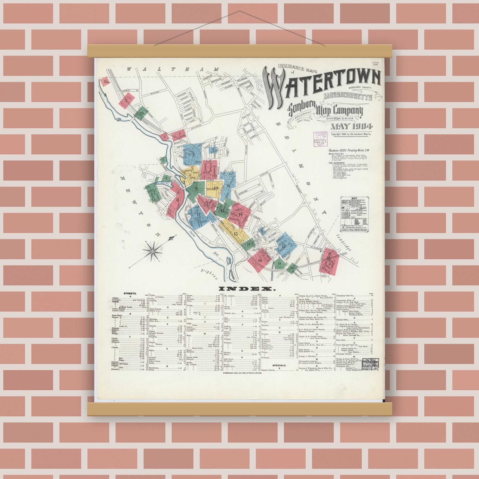 Old map wall art mockup — magnetic wood frame on brick wall — Sanborn Fire Insurance Map from Watertown, Middlesex County, Massachusetts (1904) - Complete Map Set