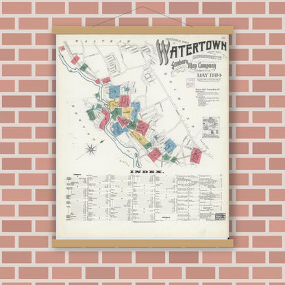 Old map wall art mockup — magnetic wood frame on brick wall — Sanborn Fire Insurance Map from Watertown, Middlesex County, Massachusetts (1904) - Complete Map Set