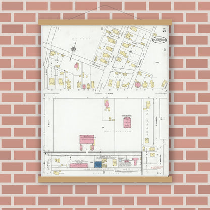 Old map wall art mockup — magnetic wood frame on brick wall — Sanborn Fire Insurance Map from Plainfield, Hendricks County, Indiana (1920), Sheet #0005