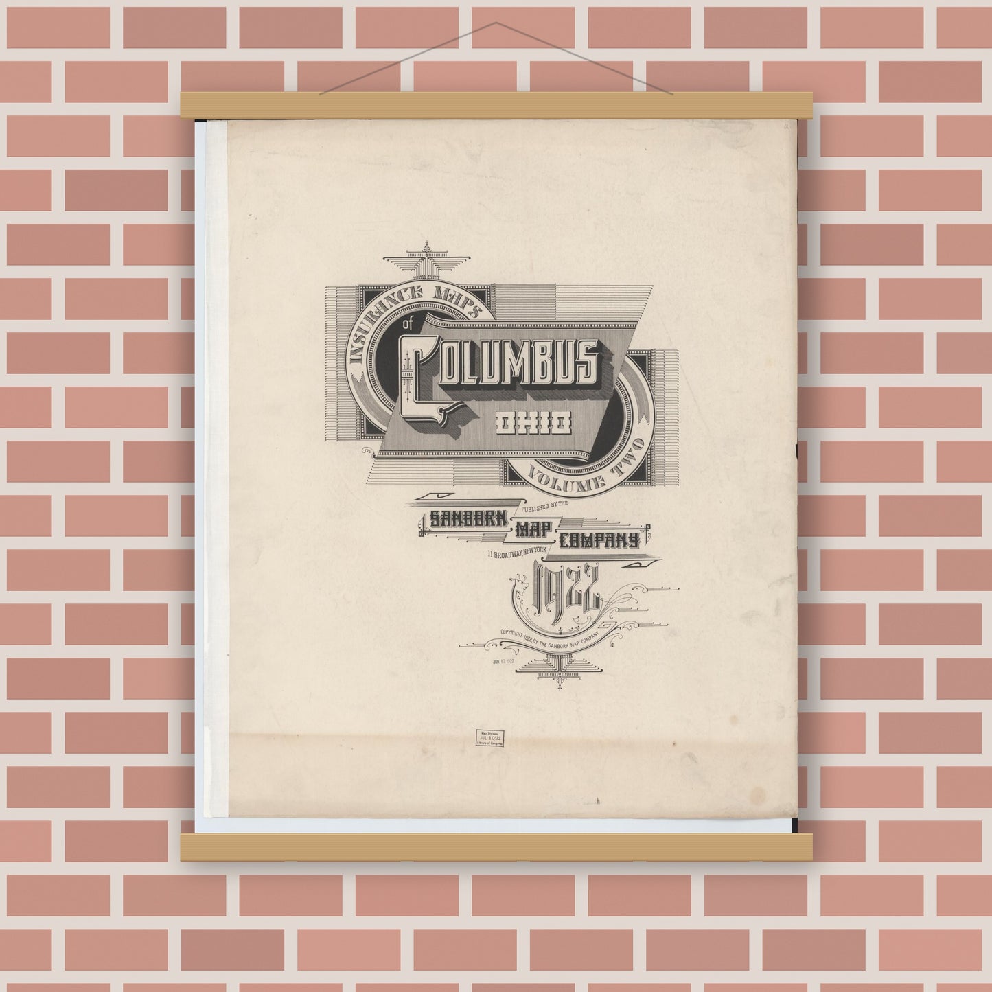 Old map wall art mockup — magnetic wood frame on brick wall — Sanborn Fire Insurance Map from Columbus, Franklin County, Ohio (1922), Sheet #0001