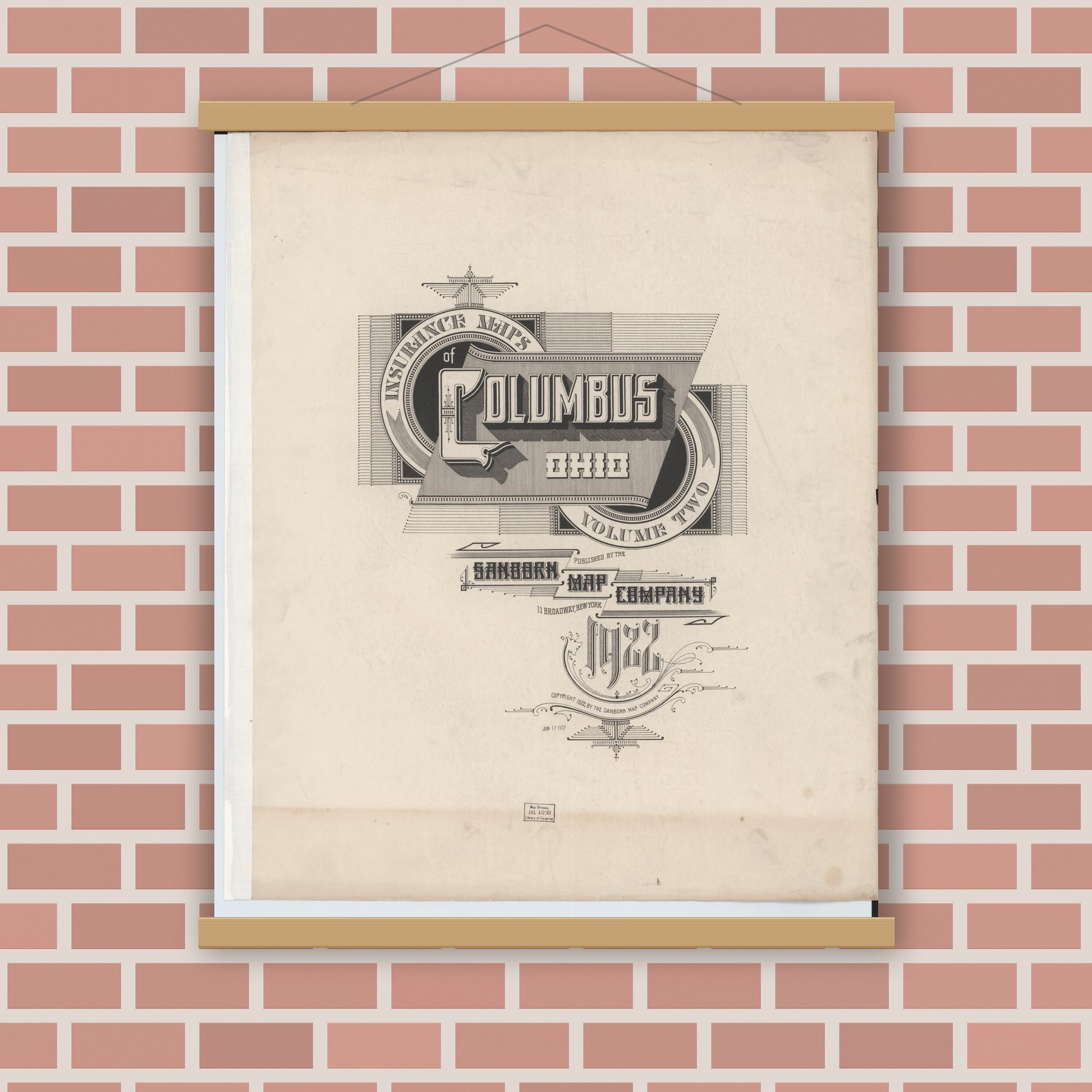 Old map wall art mockup — magnetic wood frame on brick wall — Sanborn Fire Insurance Map from Columbus, Franklin County, Ohio (1922), Sheet #0001