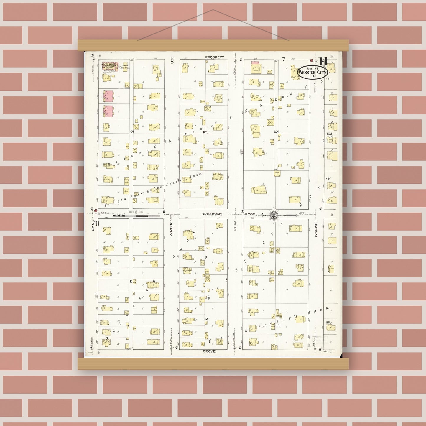 Old map wall art mockup — magnetic wood frame on brick wall — Sanborn Fire Insurance Map from Webster City, Hamilton County, Iowa (1915), Sheet #0011