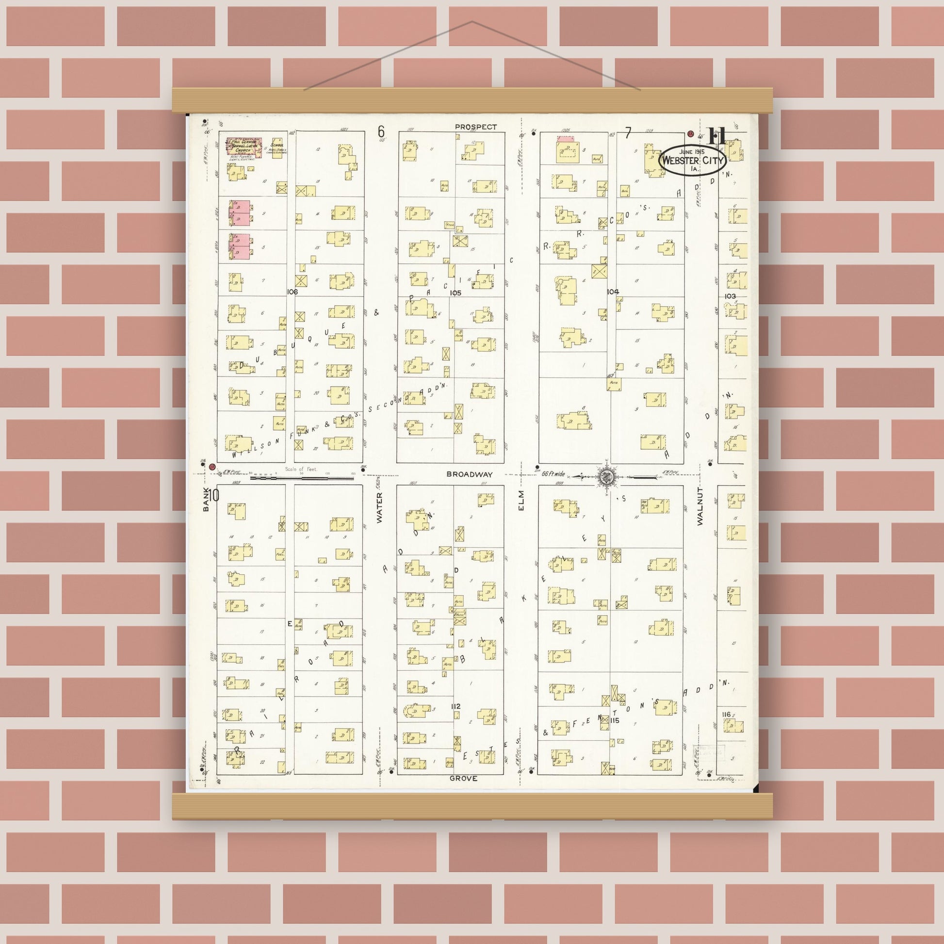 Old map wall art mockup — magnetic wood frame on brick wall — Sanborn Fire Insurance Map from Webster City, Hamilton County, Iowa (1915), Sheet #0011