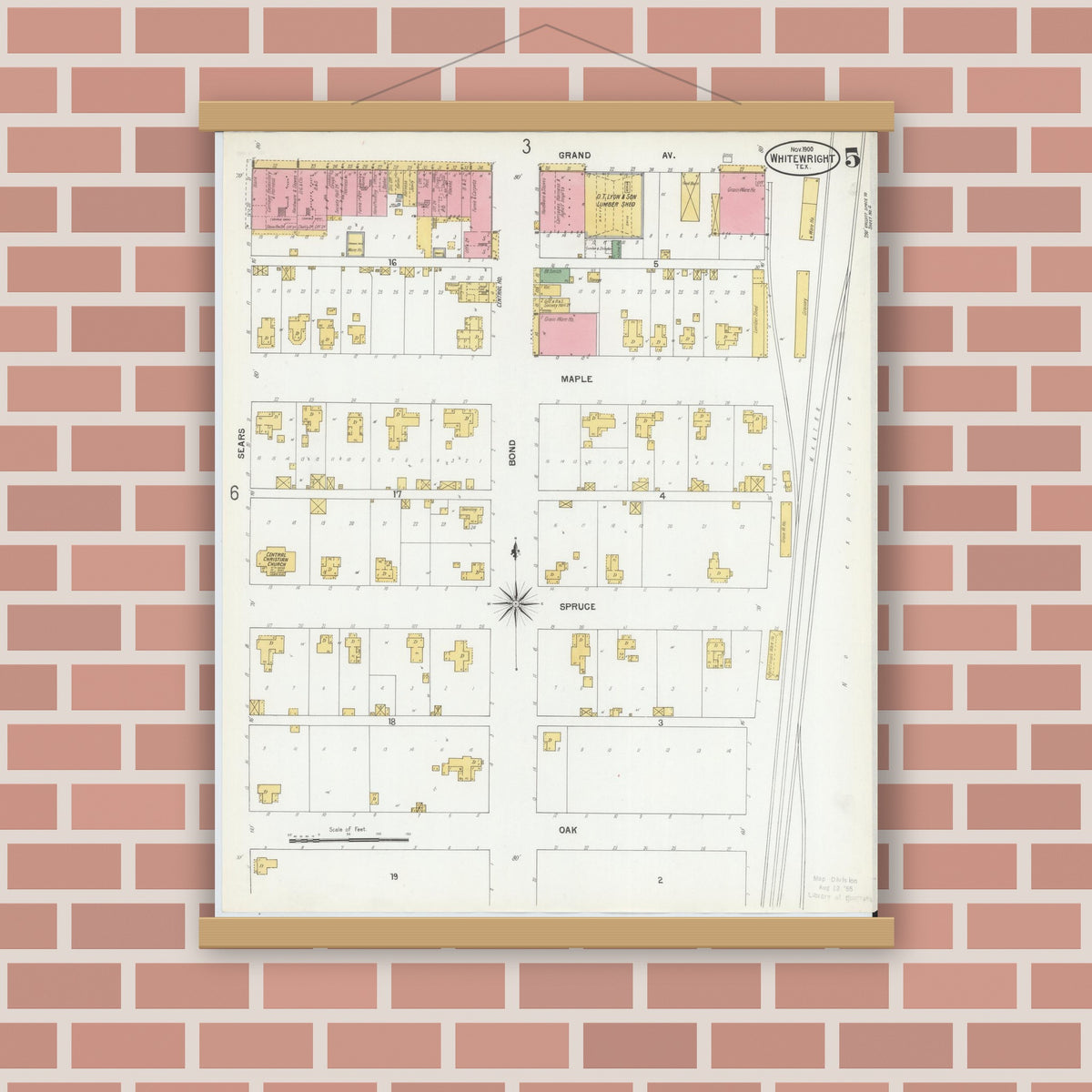 Old map wall art mockup — magnetic wood frame on brick wall — Sanborn Fire Insurance Map from Whitewright, Grayson County, Texas (1900), Sheet #0005