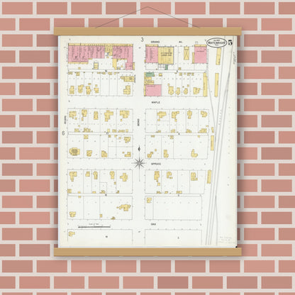 Old map wall art mockup — magnetic wood frame on brick wall — Sanborn Fire Insurance Map from Whitewright, Grayson County, Texas (1900), Sheet #0005