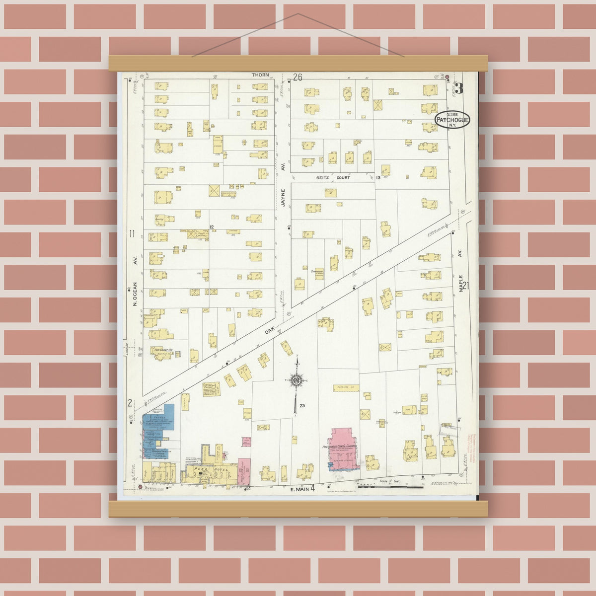 Old map wall art mockup — magnetic wood frame on brick wall — Sanborn Fire Insurance Map from Patchogue, Suffolk County, New York (1916), Sheet #0003