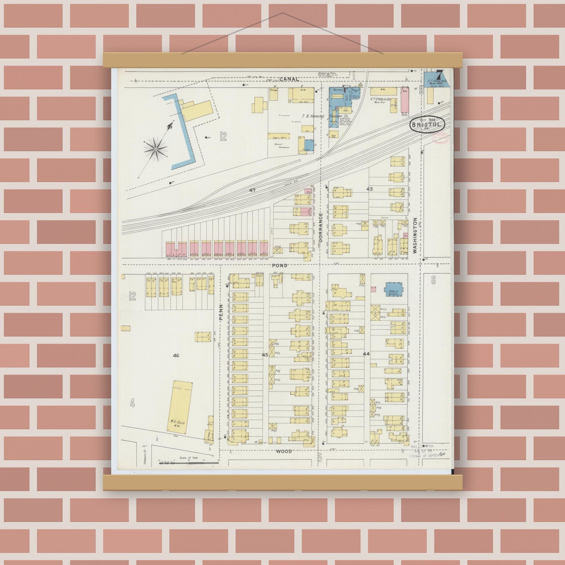 Old map wall art mockup — magnetic wood frame on brick wall — Sanborn Fire Insurance Map from Bristol, Bucks County, Pennsylvania (1894), Sheet #0007