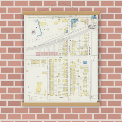 Old map wall art mockup — magnetic wood frame on brick wall — Sanborn Fire Insurance Map from Bristol, Bucks County, Pennsylvania (1894), Sheet #0007