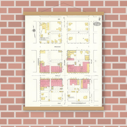 Old map wall art mockup — magnetic wood frame on brick wall — Sanborn Fire Insurance Map from Granger, Williamson County, Texas (1921), Sheet #0002