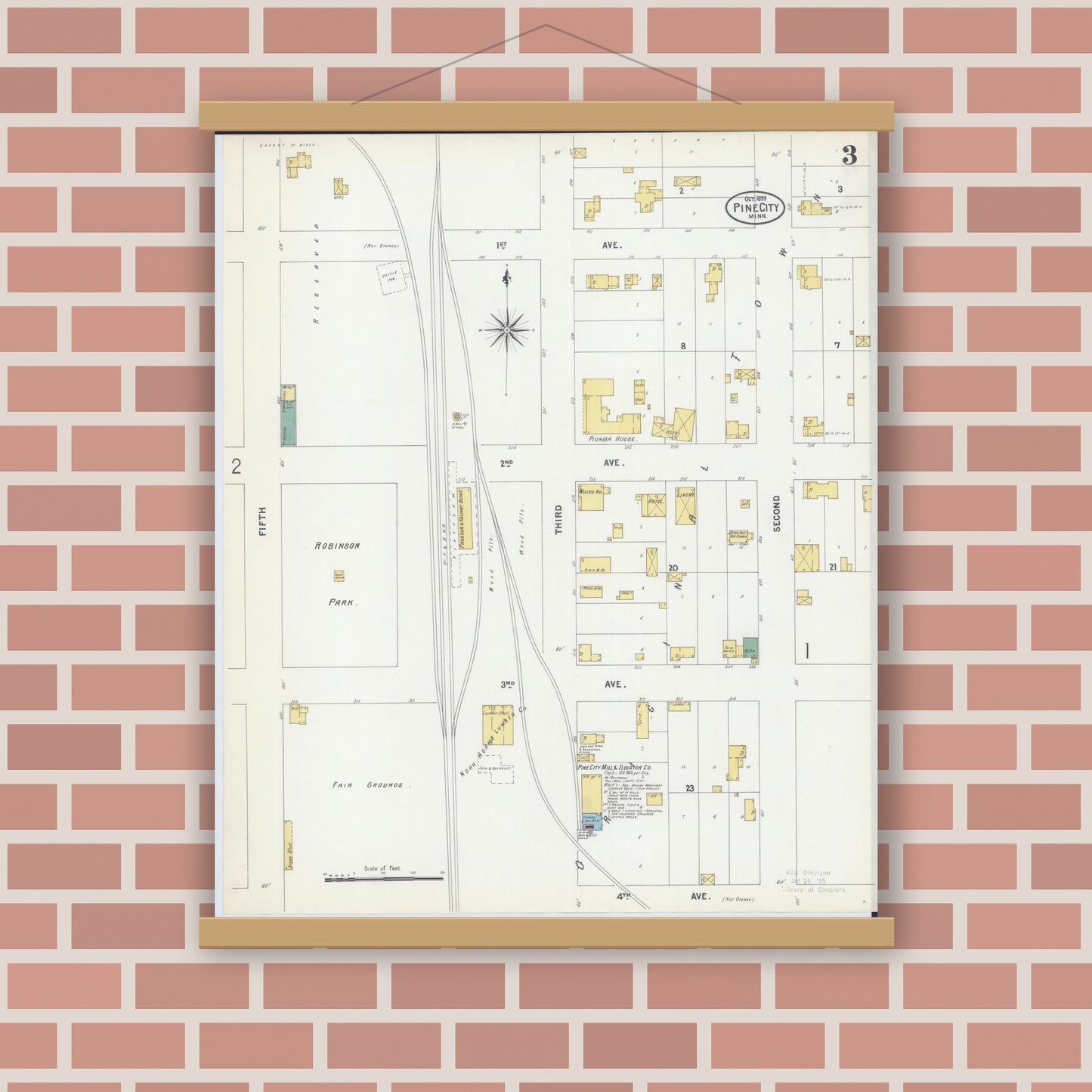 Old map wall art mockup — magnetic wood frame on brick wall — Sanborn Fire Insurance Map from Pine City, Pine County, Minnesota (1899), Sheet #0003