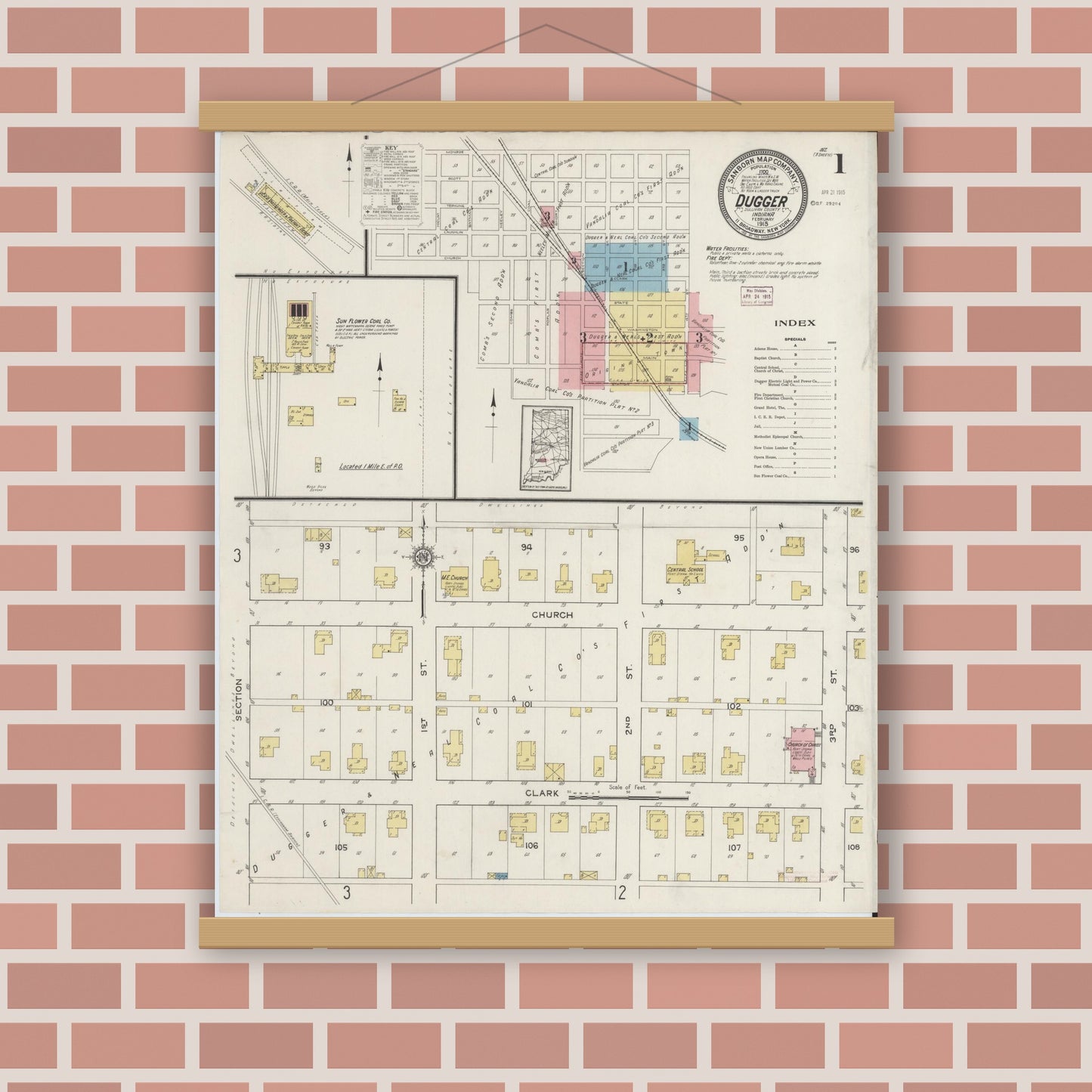 Old map wall art mockup — magnetic wood frame on brick wall — Sanborn Fire Insurance Map from Dugger, Sullivan County, Indiana (1915) - Complete Map Set