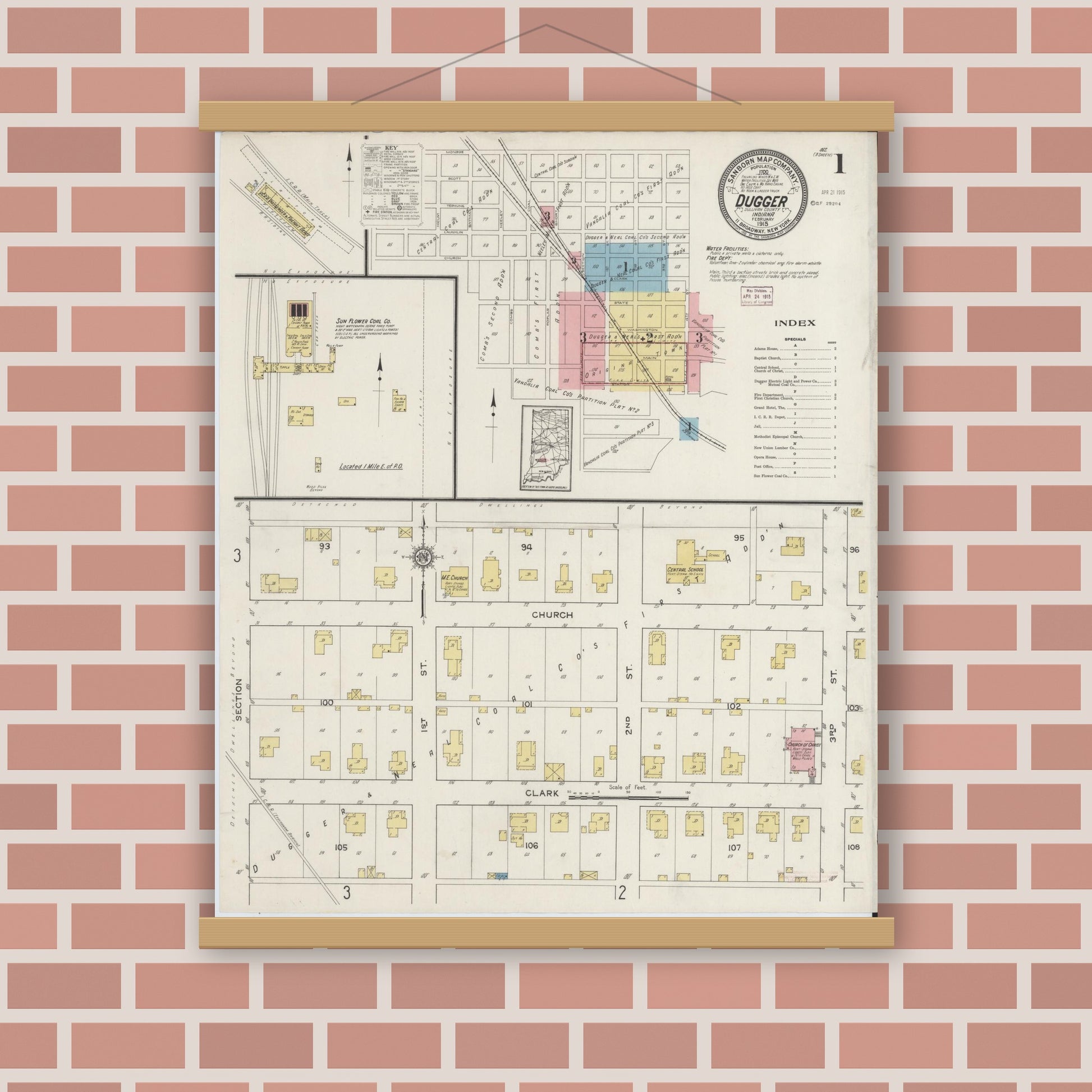 Old map wall art mockup — magnetic wood frame on brick wall — Sanborn Fire Insurance Map from Dugger, Sullivan County, Indiana (1915) - Complete Map Set