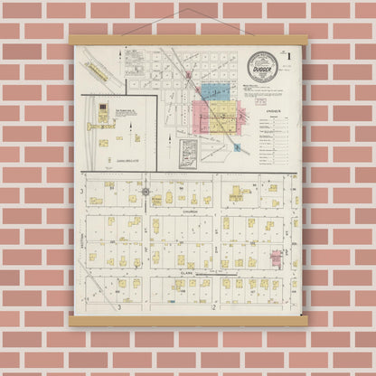 Old map wall art mockup — magnetic wood frame on brick wall — Sanborn Fire Insurance Map from Dugger, Sullivan County, Indiana (1915) - Complete Map Set