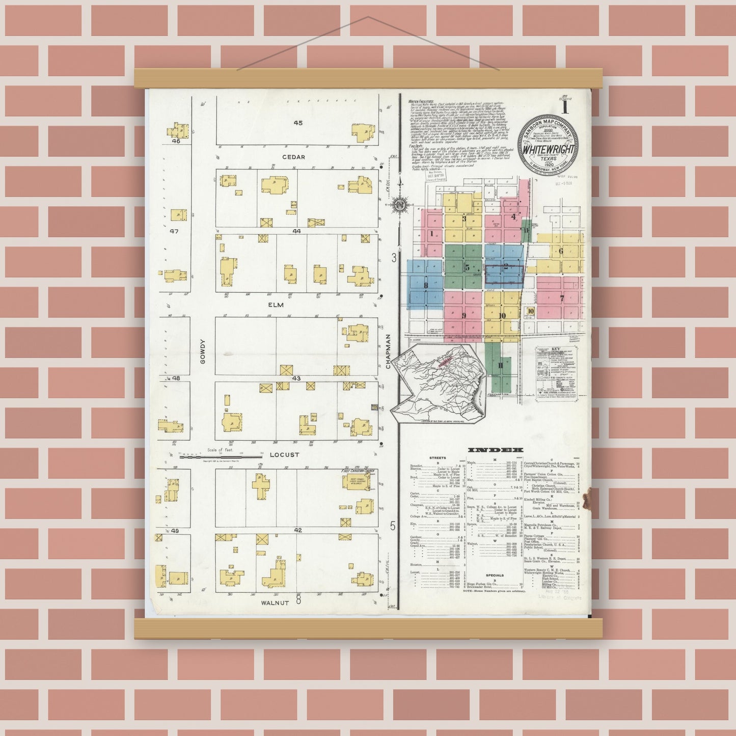 Old map wall art mockup — magnetic wood frame on brick wall — Sanborn Fire Insurance Map from Whitewright, Grayson County, Texas (1920), Sheet #0001