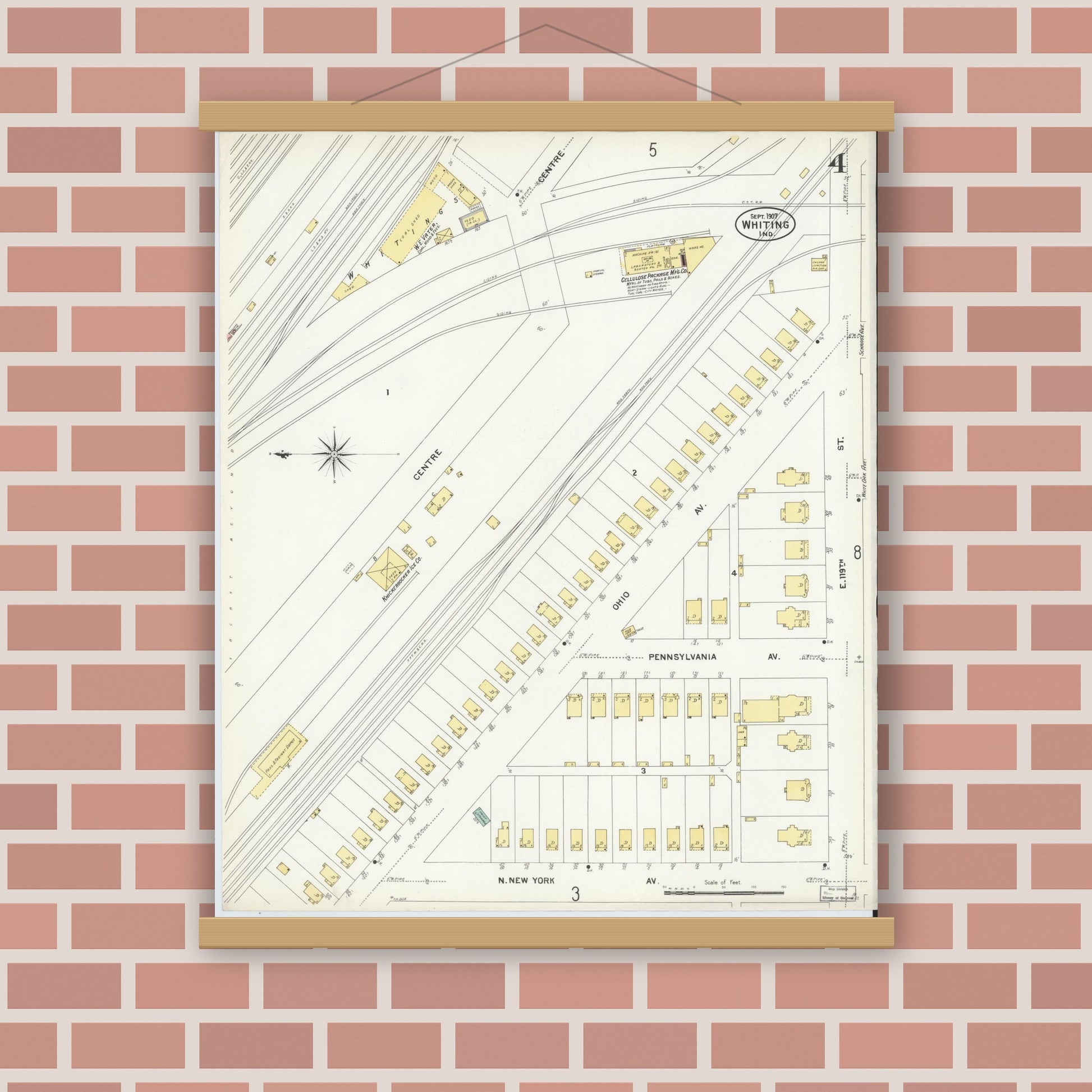 Old map wall art mockup — magnetic wood frame on brick wall — Sanborn Fire Insurance Map from Whiting, Lake County, Indiana (1907), Sheet #0004