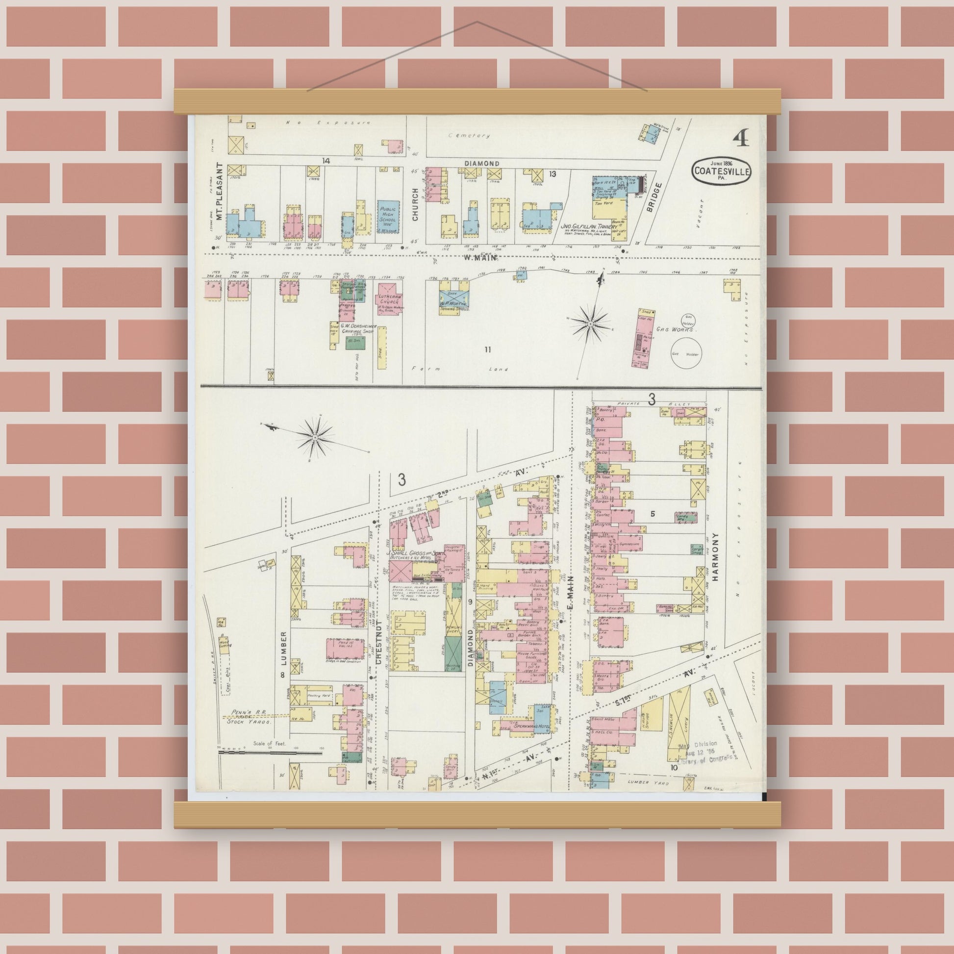 Old map wall art mockup — magnetic wood frame on brick wall — Sanborn Fire Insurance Map from Coatesville, Chester County, Pennsylvania (1896), Sheet #0004