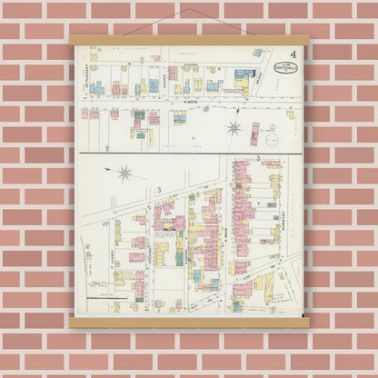 Old map wall art mockup — magnetic wood frame on brick wall — Sanborn Fire Insurance Map from Coatesville, Chester County, Pennsylvania (1896), Sheet #0004