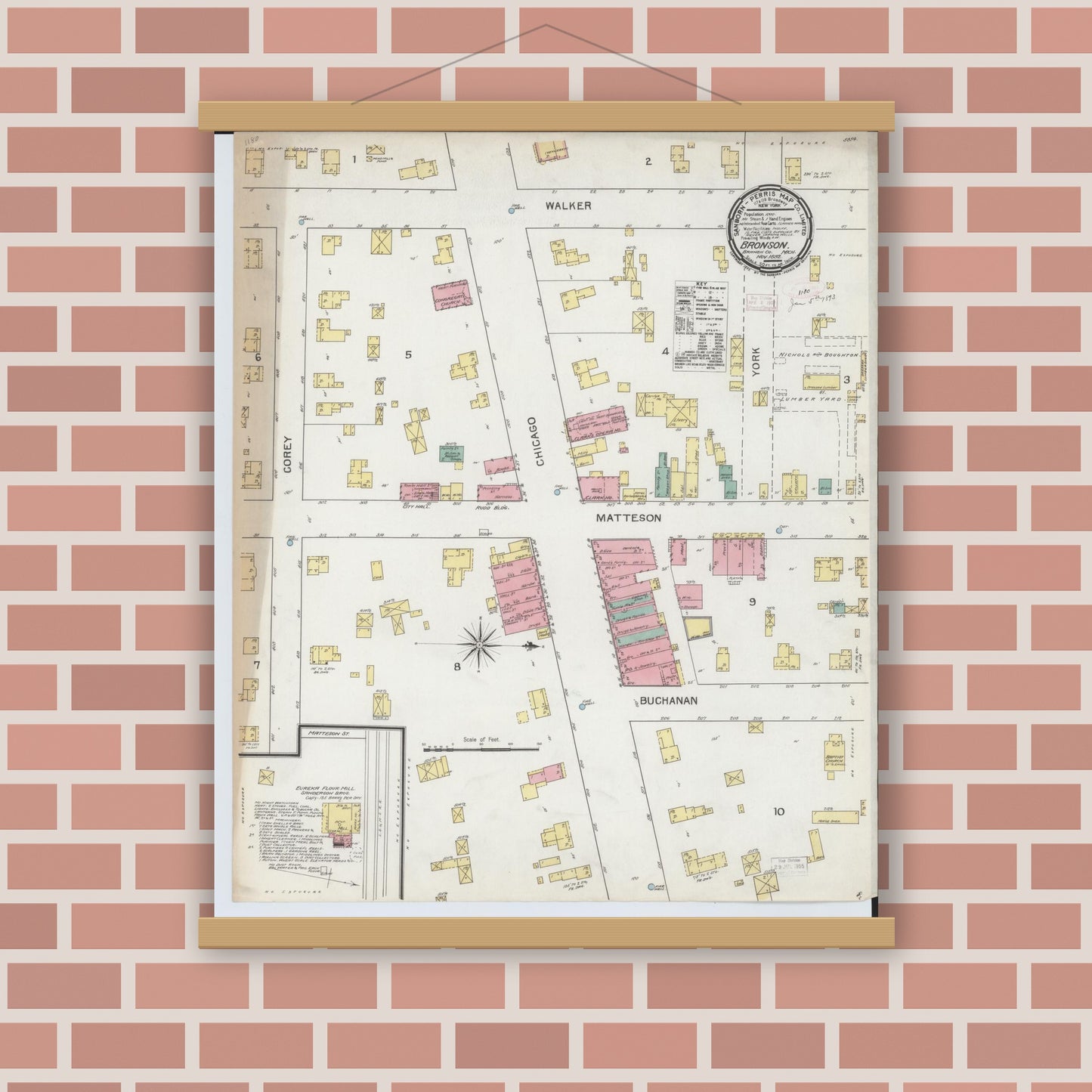 Old map wall art mockup — magnetic wood frame on brick wall — Sanborn Fire Insurance Map from Bronson, Branch County, Michigan (1892), Sheet #0001