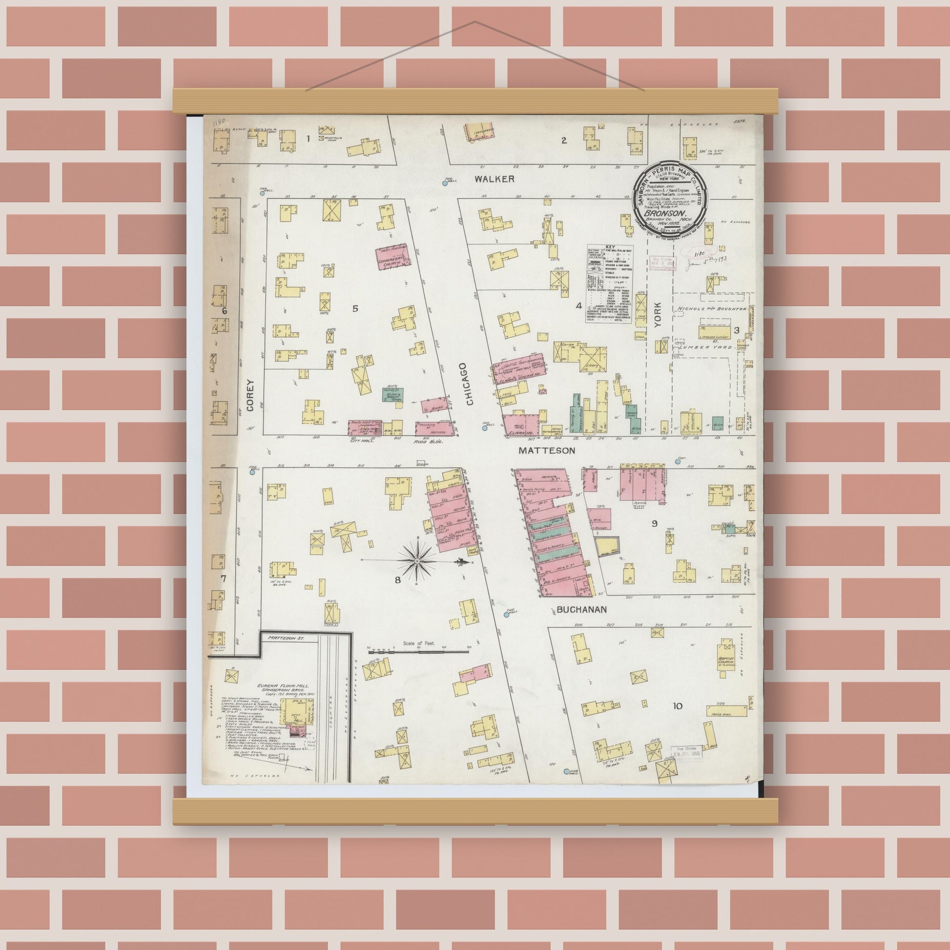Old map wall art mockup — magnetic wood frame on brick wall — Sanborn Fire Insurance Map from Bronson, Branch County, Michigan (1892), Sheet #0001