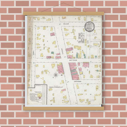 Old map wall art mockup — magnetic wood frame on brick wall — Sanborn Fire Insurance Map from Bronson, Branch County, Michigan (1892), Sheet #0001